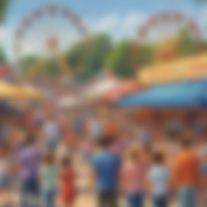 A lively festival scene with families participating in fun activities and entertainment