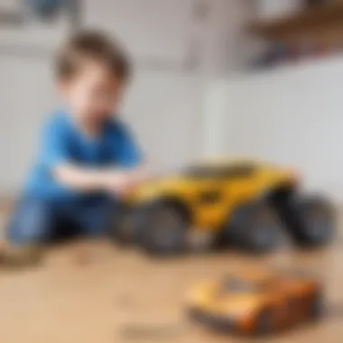 Child interacting with a modern remote-controlled car toy