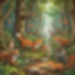 Vibrant forest scene with playful animals