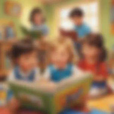 Illustration of a group of kindergarteners reading alphabet books