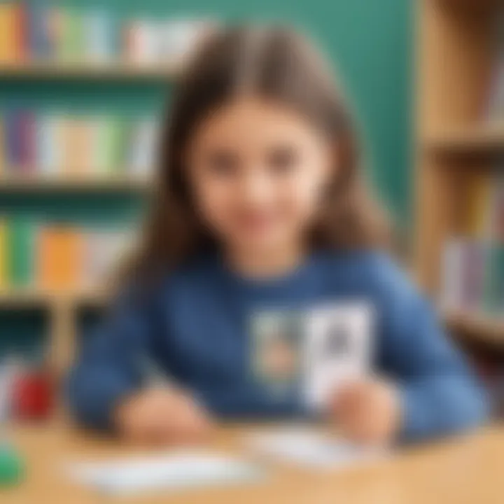 Illustration of a teacher using flashcards for letter recognition