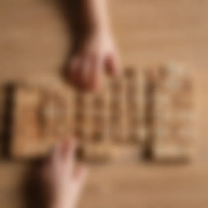 Child's hand arranging wooden number blocks on a table