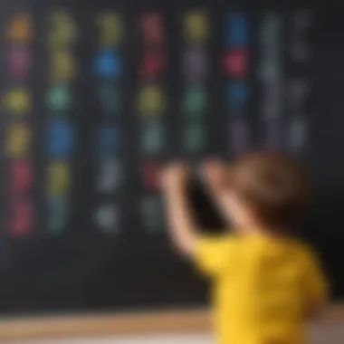 Preschooler drawing numbers with colorful chalk on a blackboard