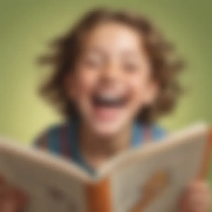 Child laughing while reading joke book