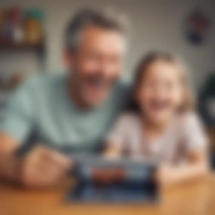 Parent and child enjoying jokes together on a tablet