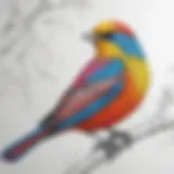 Colorful bird perched on a branch ready to be colored