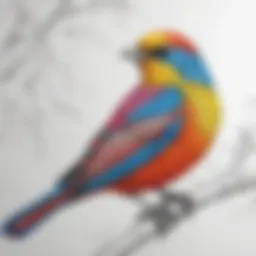 Colorful bird perched on a branch ready to be colored