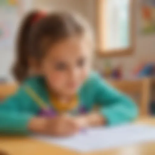 Illustration of a child writing on a colorful worksheet