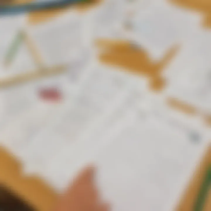 Variety of writing worksheets displayed on a table