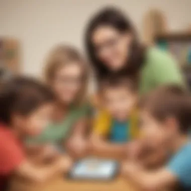 Parents and teachers guiding kids through a sight word app.