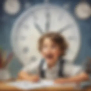 Illustration of a child solving a time-telling worksheet with enthusiasm