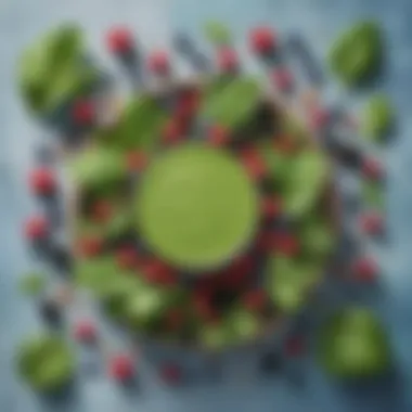 Ingredients arranged for a smoothie featuring spinach and frozen berries