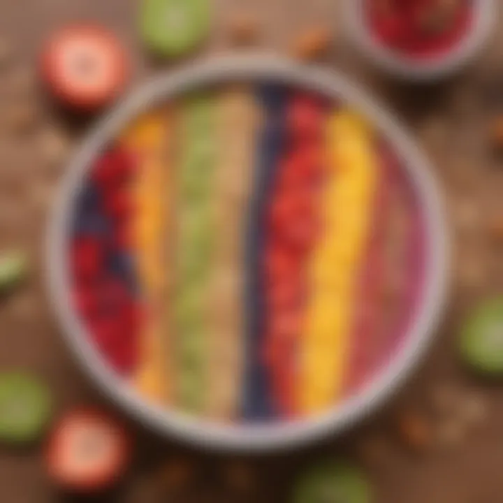 A colorful smoothie bowl topped with fresh fruits and nuts