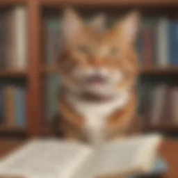 A quirky illustration of a cat telling a joke