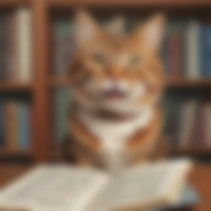 A quirky illustration of a cat telling a joke