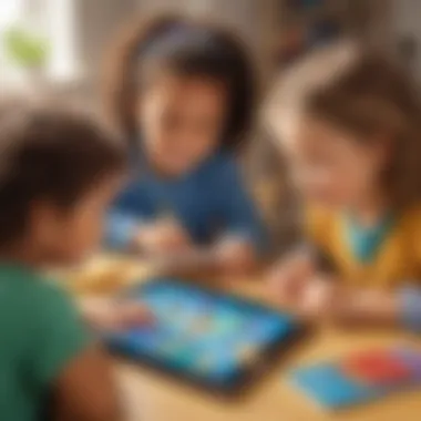 Kindergarten children playing interactive learning games on tablets