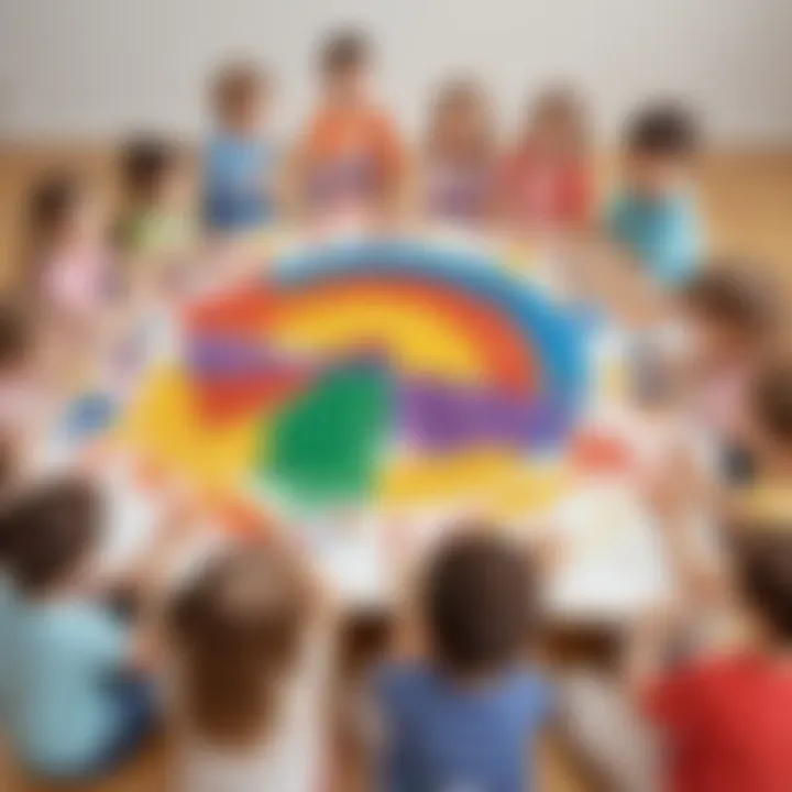 Group of kindergarten kids painting together on large canvas