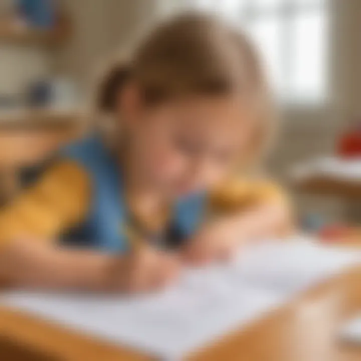 A child practicing writing with a worksheet