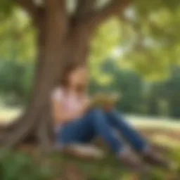 A tween reading a historical fiction book under a tree, absorbed in the story.