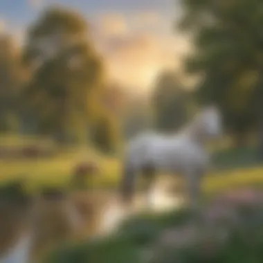 A serene landscape featuring horses in a tranquil setting