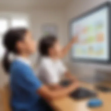 Artistic representation of children engaged in interactive learning on a smart board