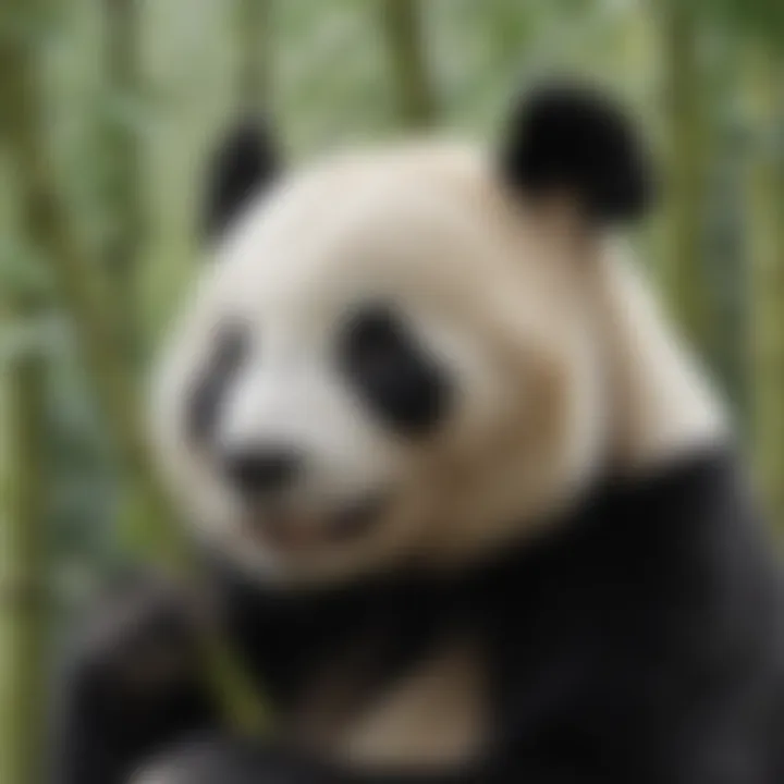 Close-up of panda eating bamboo with focus on its distinctive black and white fur