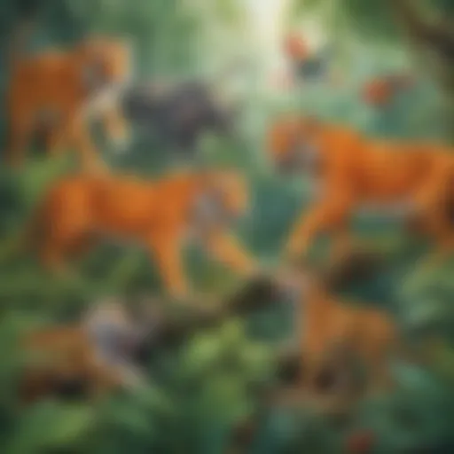 Colorful jungle animals engaging in playful activities