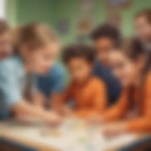 A vibrant scene depicting young children engaged in a group learning game, showcasing teamwork and collaboration.