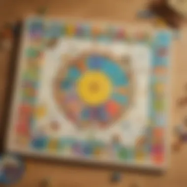 An interactive board game laid out on a table, featuring colorful pieces and educational themes.