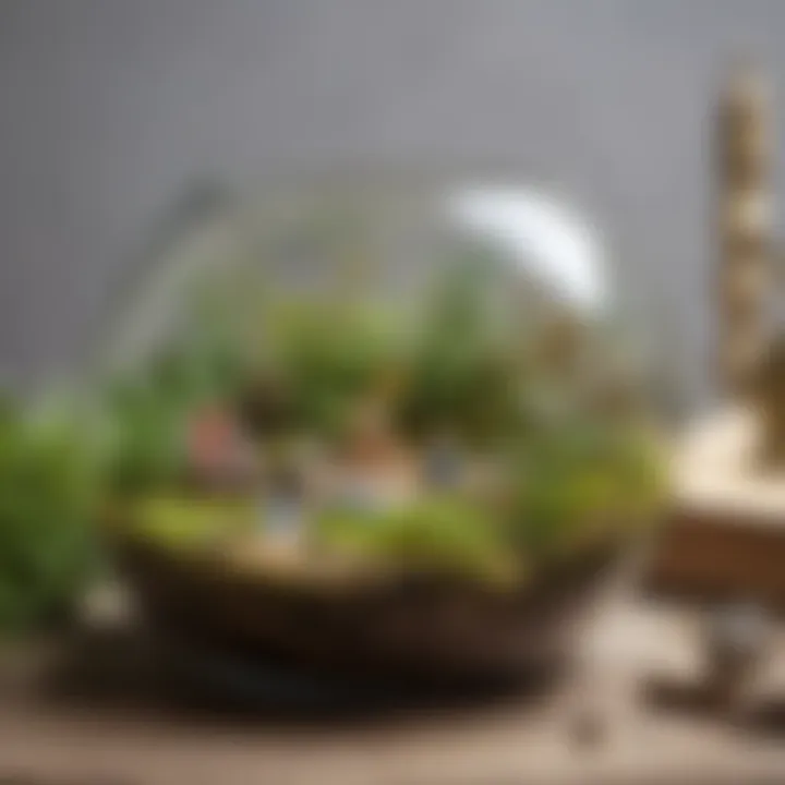 Mini glass terrarium with miniature figurines and whimsical decorations
