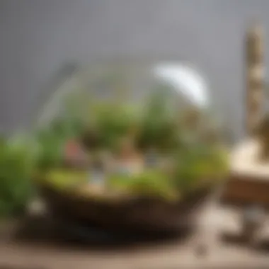 Whimsical Miniature Decor in Terrarium Mini glass terrarium with miniature figurines and whimsical decorations
