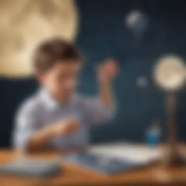 Illustration showing a child conducting a moon phase experiment