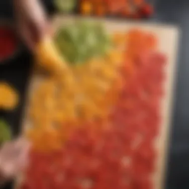 A close-up of sliced fruits being blended for a flavorful fruit roll up base.