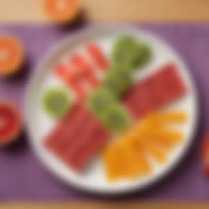 A nutritious fruit roll up incorporated into a healthy snack plate for children.