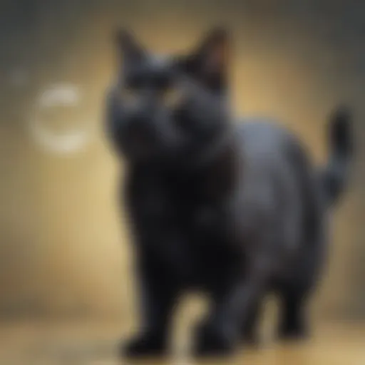 Elegant black cat chasing bubbles