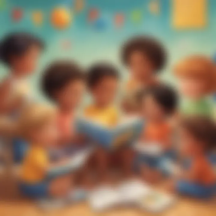 Illustration of a group of diverse kindergarten children reading together