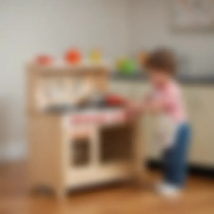 Two-year-old immersed in imaginative play with toy kitchen set