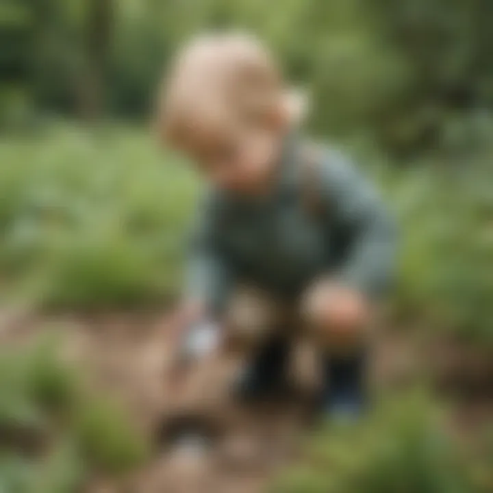 Two-year-old exploring outdoor nature with magnifying glass