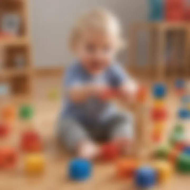 Excited toddler playing with educational building blocks