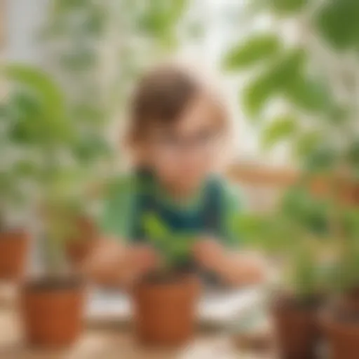Preschooler observing plant growth