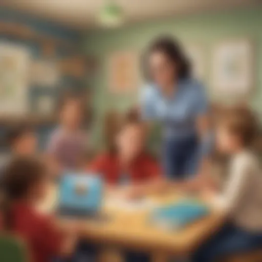 Illustration of children engaging in educational games on pretend teacher website