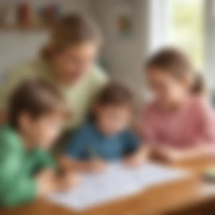 Parents and children using worksheets together