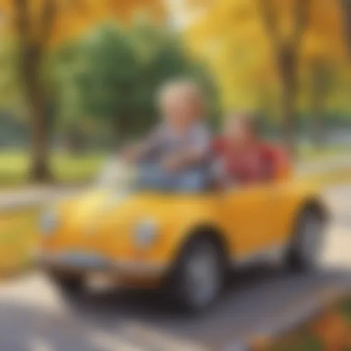A child joyfully riding a colorful electric ride-on car in a park setting.