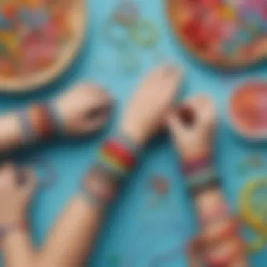 Creative Bracelet Making Children joyfully crafting bracelets with colorful strings and beads