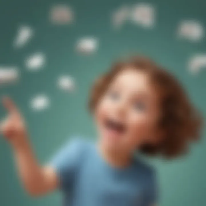 Illustration of a playful 5-year-old child interacting with animated sight words floating in the air