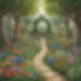 Illustration of a whimsical garden with sight words hidden among flowers and trees