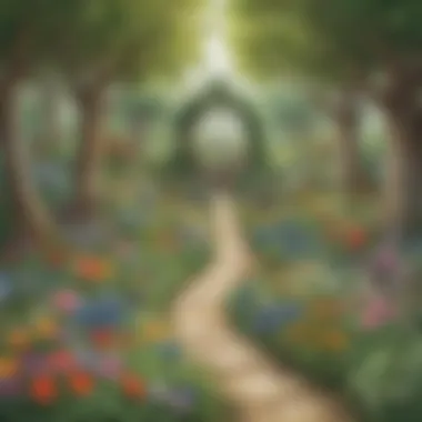 Illustration of a whimsical garden with sight words hidden among flowers and trees