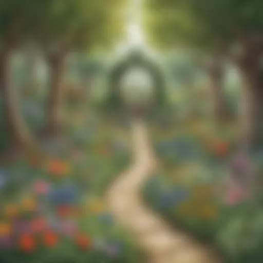 Illustration of a whimsical garden with sight words hidden among flowers and trees