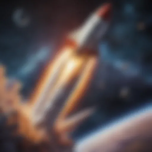 Illustration of a rocket ship blasting off into outer space