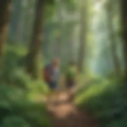 Children hiking through lush forest